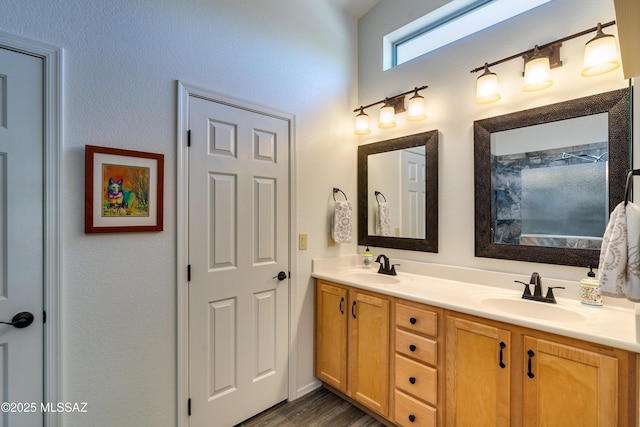 bathroom featuring vanity and wood-type flooring