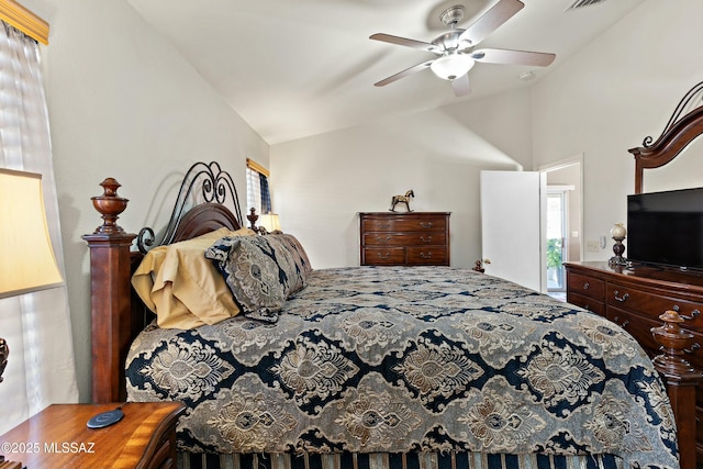 bedroom with ceiling fan and vaulted ceiling