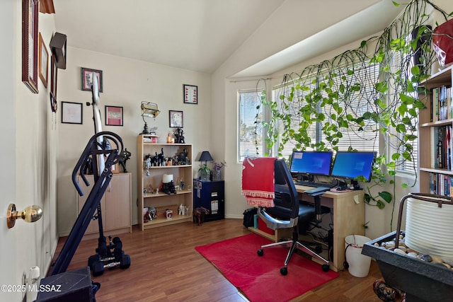 home office featuring lofted ceiling and hardwood / wood-style floors