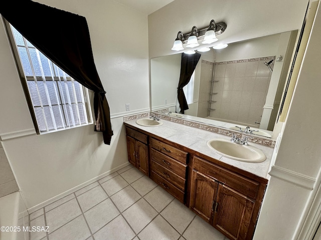 bathroom featuring tile patterned flooring, vanity, and tiled shower / bath combo