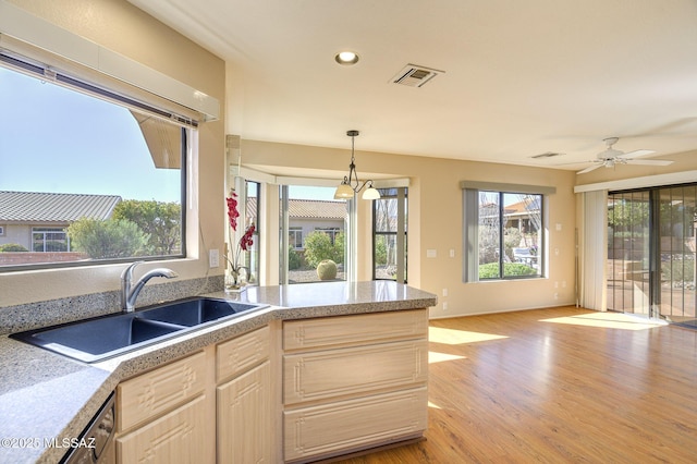 kitchen featuring plenty of natural light, sink, light brown cabinets, and light wood-type flooring