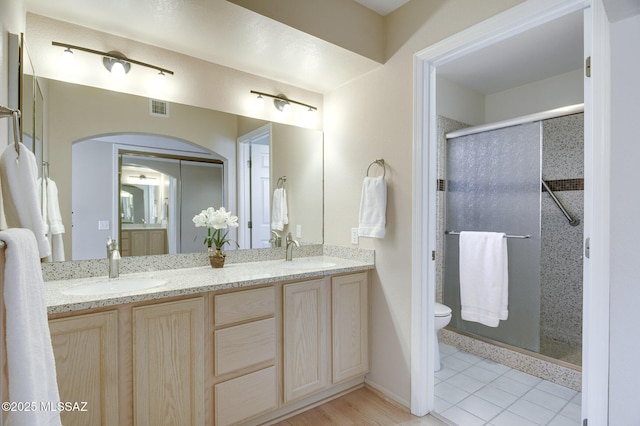 bathroom with vanity, toilet, and a shower with door