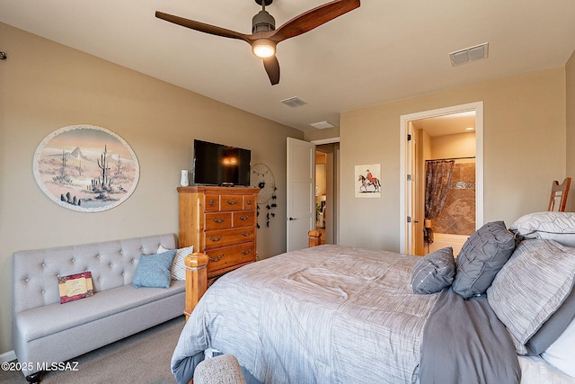 carpeted bedroom featuring ceiling fan and connected bathroom