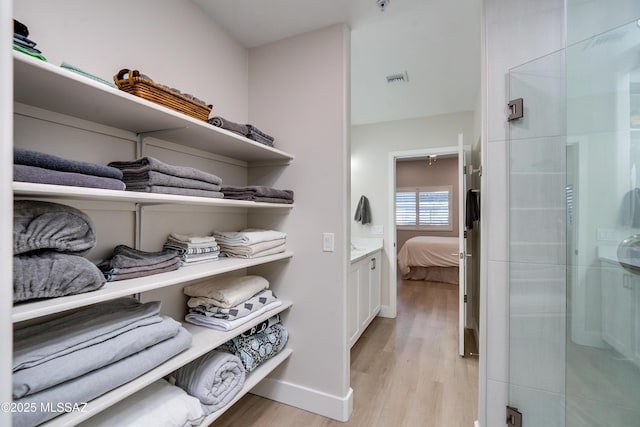 walk in closet with light hardwood / wood-style floors