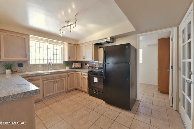 kitchen with tasteful backsplash, sink, exhaust hood, black appliances, and light brown cabinets