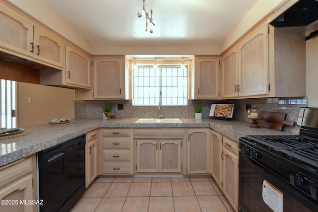 kitchen featuring sink, light tile patterned floors, light brown cabinets, decorative backsplash, and black appliances