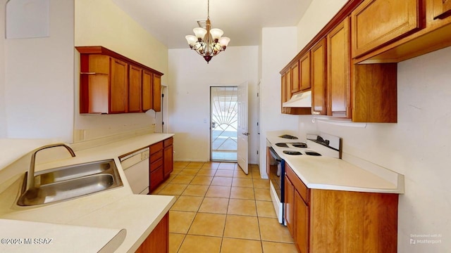 kitchen featuring range with electric cooktop, dishwasher, light countertops, under cabinet range hood, and a sink