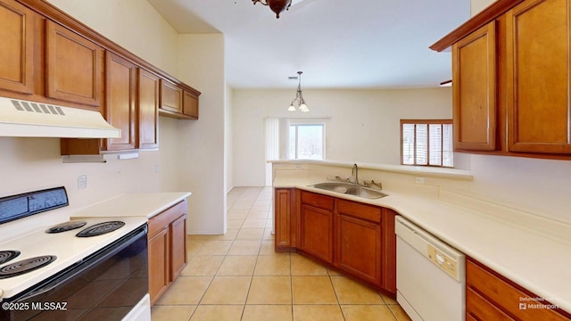 kitchen featuring electric stove, brown cabinets, a sink, dishwasher, and extractor fan