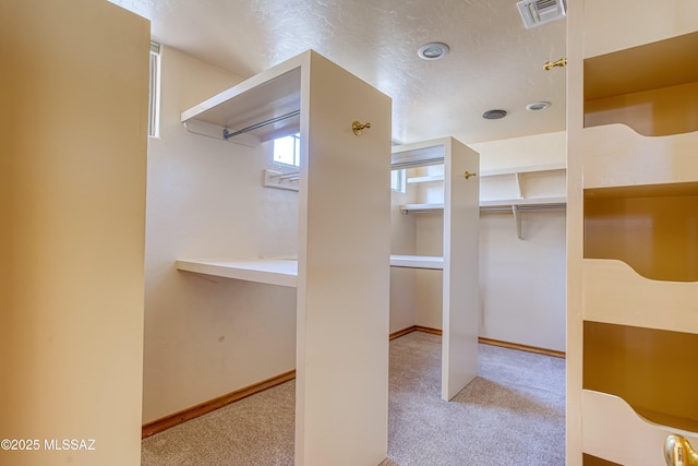 walk in closet with light colored carpet