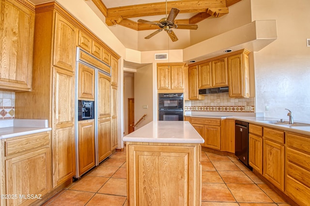 kitchen with a center island, sink, backsplash, and black appliances