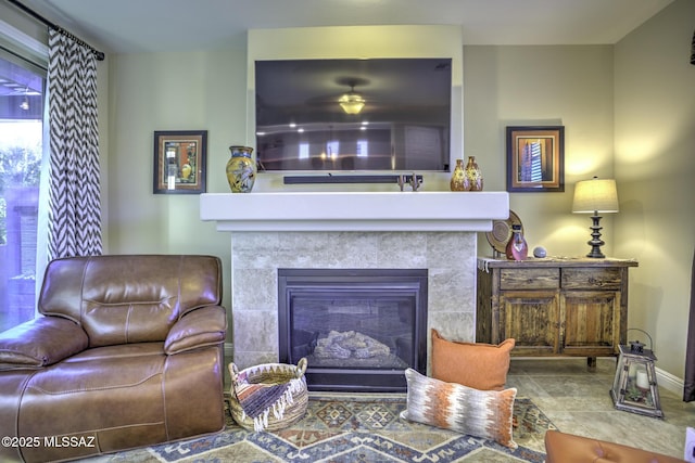 living room with a fireplace