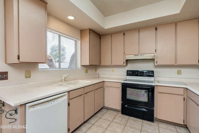 kitchen featuring range with electric cooktop, light tile patterned flooring, dishwasher, and sink