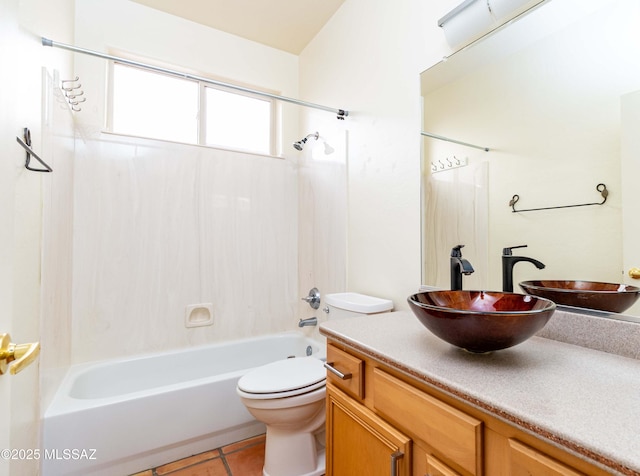 full bathroom with toilet, vanity, bathtub / shower combination, and tile patterned flooring