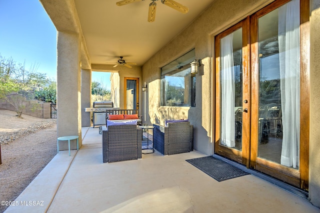 view of patio featuring an outdoor living space, french doors, and ceiling fan