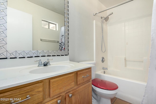 full bathroom featuring vanity, shower / tub combo with curtain, and toilet