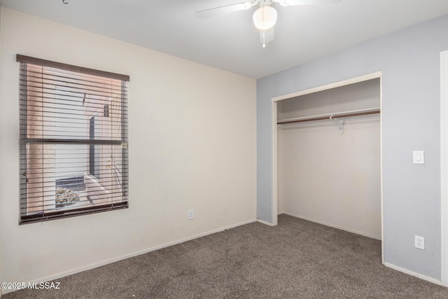 unfurnished bedroom with carpet floors, a closet, and ceiling fan