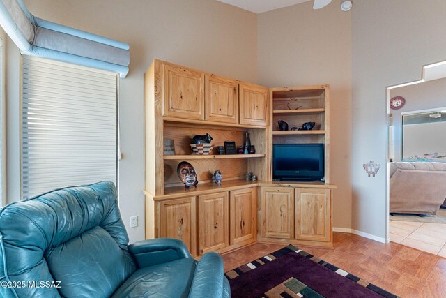 living room featuring a towering ceiling and light hardwood / wood-style flooring