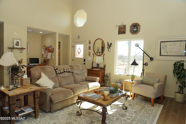 living room with wood-type flooring and a towering ceiling