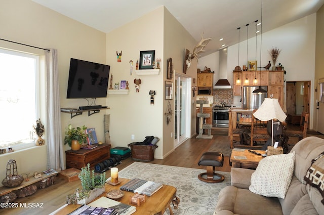 living room with high vaulted ceiling and light wood-type flooring