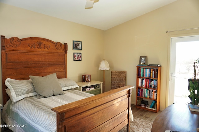 bedroom featuring ceiling fan and light wood-type flooring