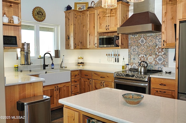 kitchen featuring ventilation hood, tasteful backsplash, sink, and stainless steel appliances