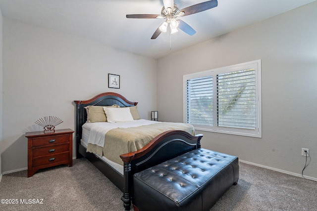 bedroom with ceiling fan and carpet flooring