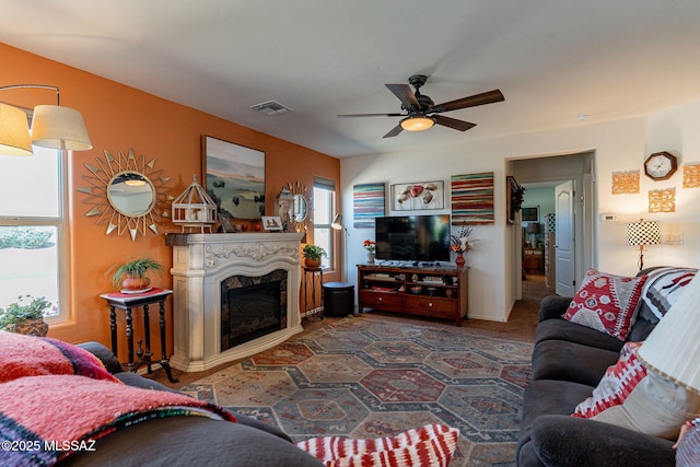 living room featuring ceiling fan