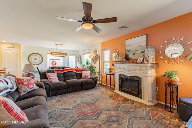 living room with ceiling fan