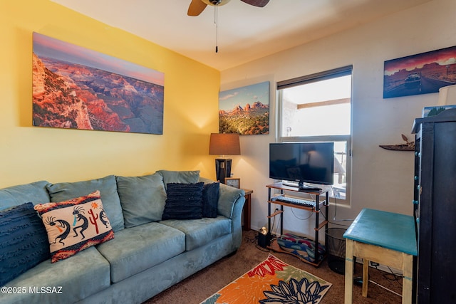 living room featuring ceiling fan and carpet floors