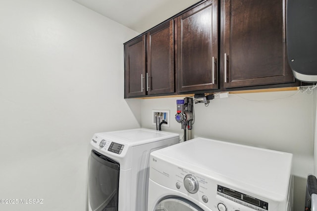 washroom with water heater, cabinet space, and separate washer and dryer