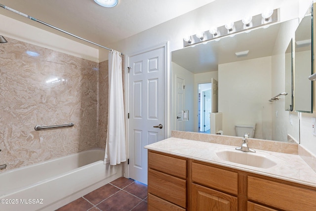 full bathroom featuring tile patterned flooring, toilet, vanity, and shower / tub combo with curtain