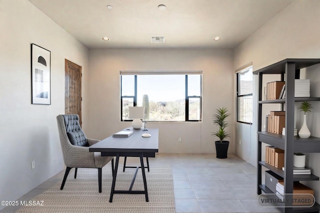 office area featuring light tile patterned floors, visible vents, and recessed lighting