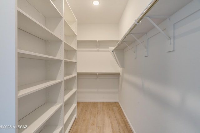 walk in closet with light hardwood / wood-style floors