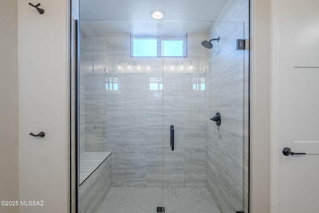 bathroom featuring a shower with door