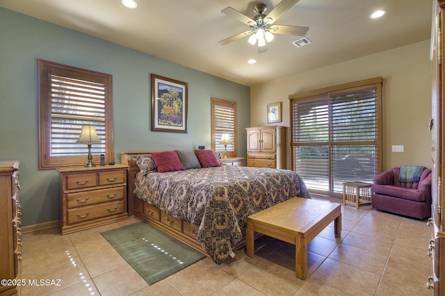 bedroom featuring light tile patterned floors, visible vents, baseboards, recessed lighting, and access to outside