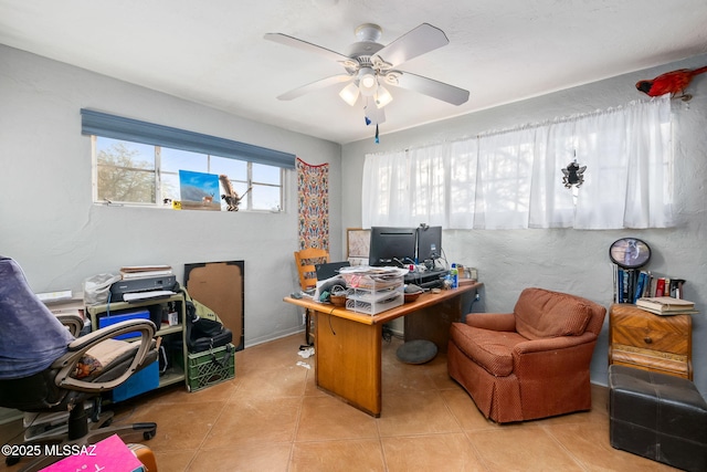 tiled home office with ceiling fan