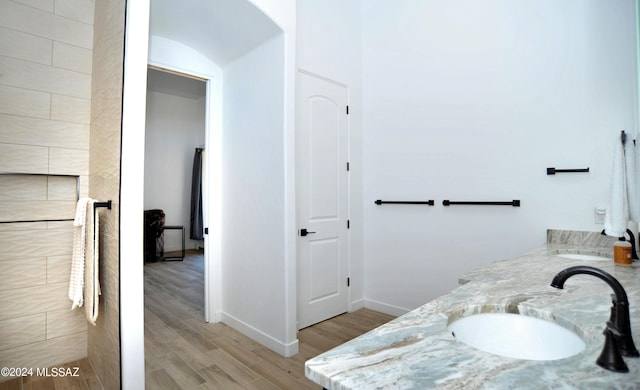 bathroom with vanity and hardwood / wood-style floors