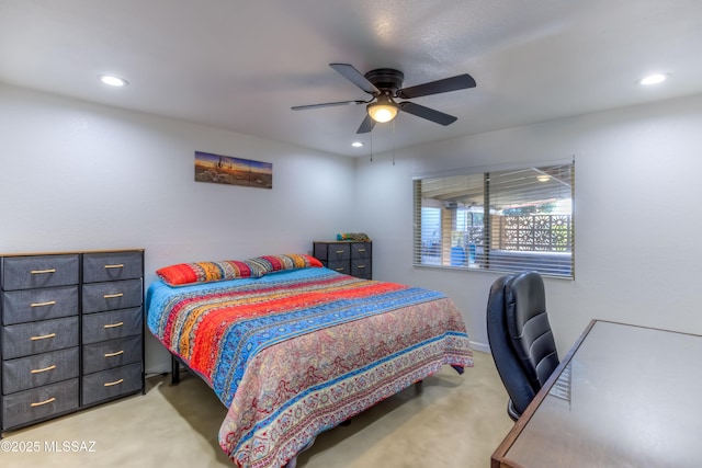 bedroom with light carpet, ceiling fan, and recessed lighting