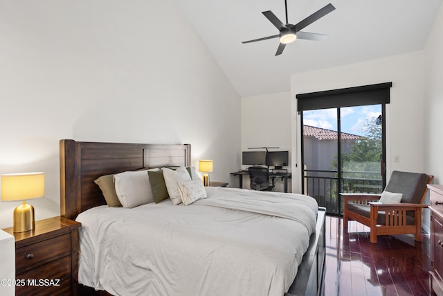 bedroom with dark hardwood / wood-style floors, ceiling fan, access to exterior, and high vaulted ceiling