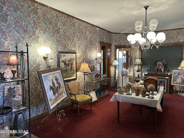 carpeted dining area with a notable chandelier, crown molding, a fireplace, and wallpapered walls