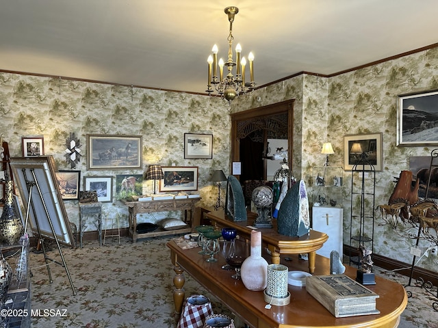 interior space featuring an inviting chandelier, baseboards, wallpapered walls, and ornamental molding