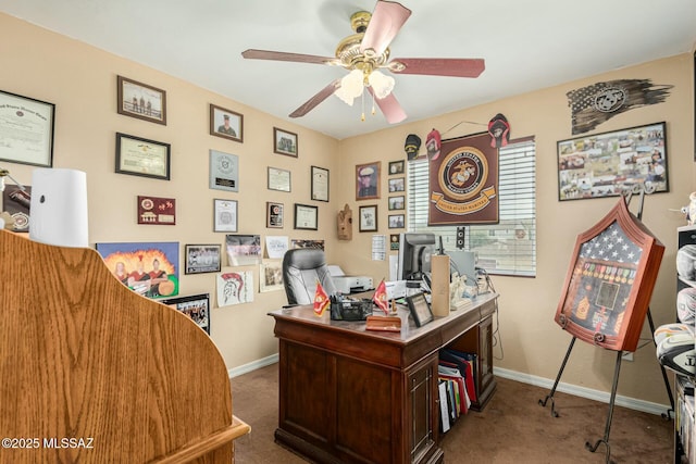 office space featuring carpet flooring and ceiling fan