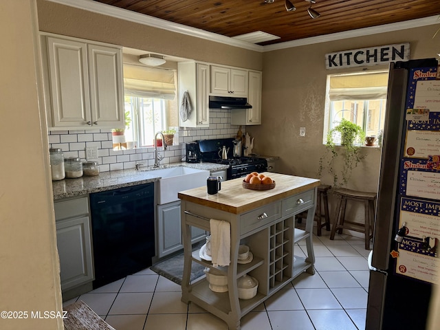 kitchen with crown molding, sink, white cabinets, and black appliances