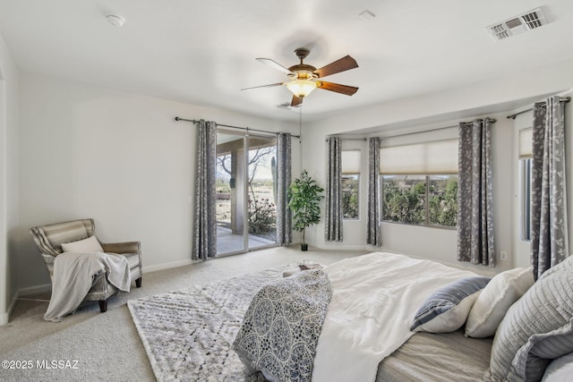 bedroom with carpet, access to outside, and ceiling fan