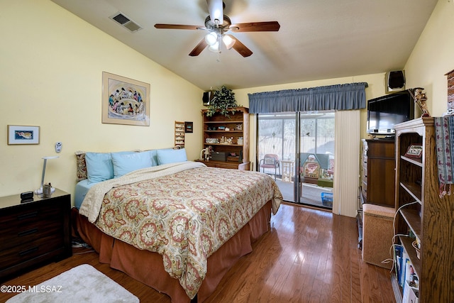 bedroom with ceiling fan, wood-type flooring, access to exterior, and vaulted ceiling