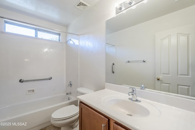 full bathroom with bathtub / shower combination, toilet, vanity, and visible vents