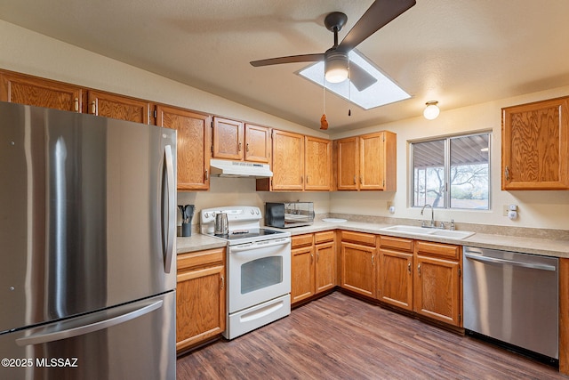 kitchen featuring sink, ceiling fan, appliances with stainless steel finishes, a skylight, and dark hardwood / wood-style flooring