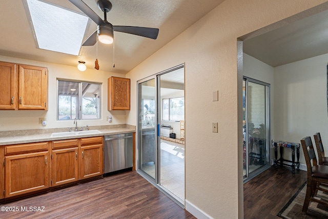 kitchen featuring plenty of natural light, sink, stainless steel dishwasher, and dark wood-type flooring