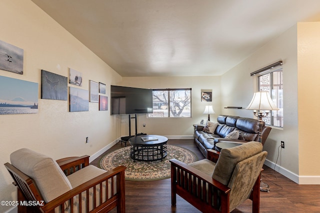 living room featuring dark hardwood / wood-style floors and a healthy amount of sunlight