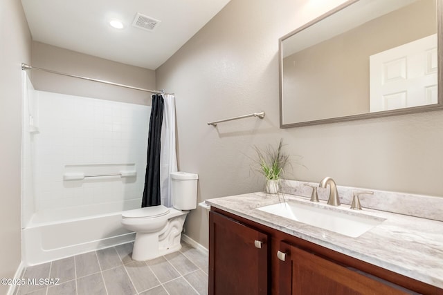 full bathroom with vanity, toilet, and shower / bath combo with shower curtain